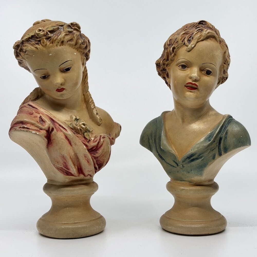 Rare Antique Vintage Chalkware Busts – Elegant European Charm